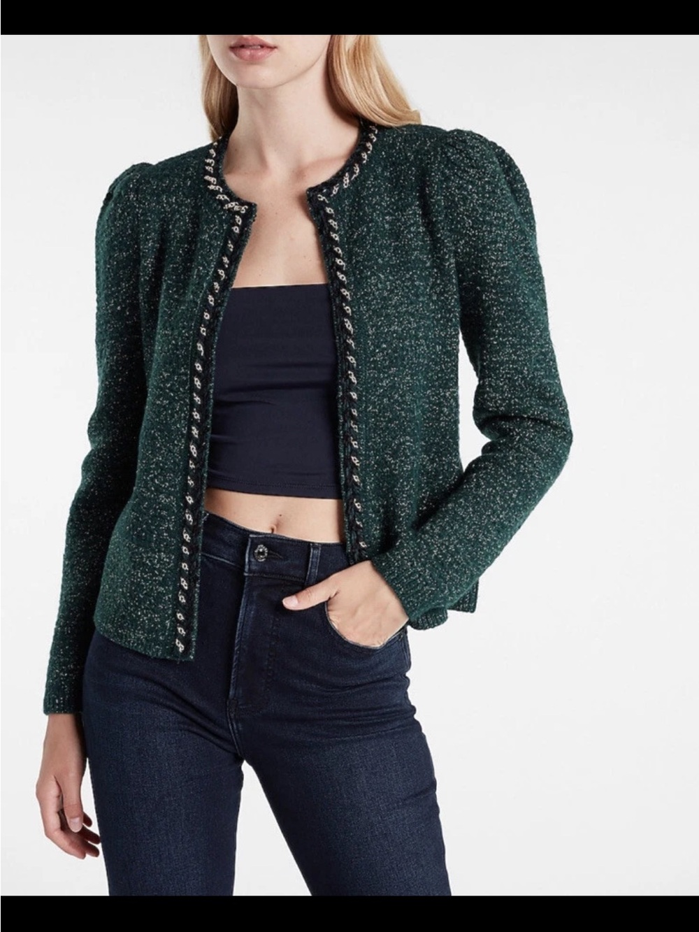 EXPRESS Lurex Chain Trim Emerald Green Metallic Cardigan Jacket XL NWT